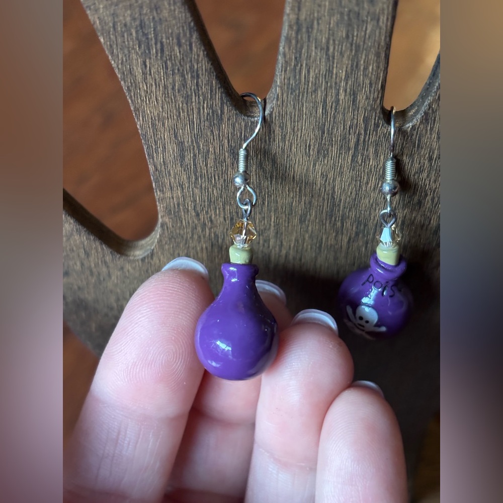 Purple Poison Bottle Dangle Earrings | Crystal Goth Y2K | 2 IN - Picture 6 of 7